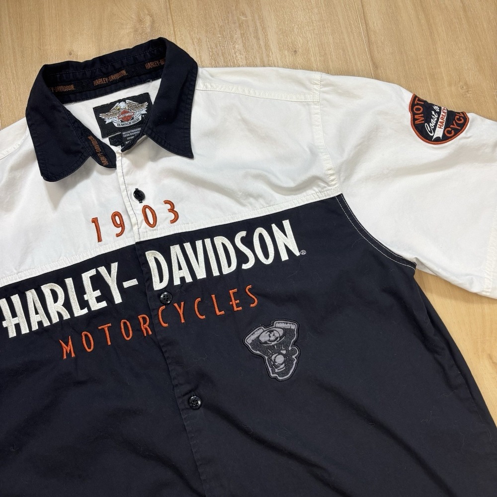 Harley Davidson Men's Short Sleeve Button Up Medium Garage Mechanic 1903 Biker